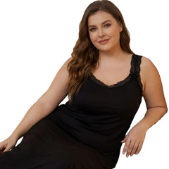 Oversized Black Midi Nightgown, Lace Detail Thin Straps Loose Fit Sleep Dress