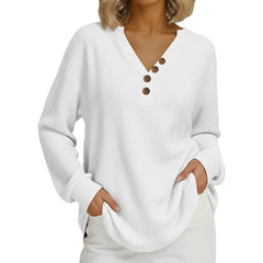Waffle Knit Notch Henley V-Neck Long Sleeve Casual Top