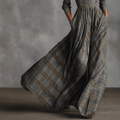 Grey Tartan Plaid Maxi Dress for Elegant V Neck Stand Collar Waist Fit Flare Long Dress