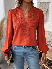 Lace V Neck Puff Sleeve Blouse