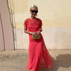 Coral Sheer Mesh Maxi Dress