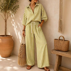 Vertical Stripe Lapel Shirt & Drawstring Wide Leg Pants