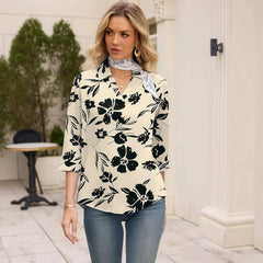 Abstract Floral Print Lapel Collar 3/4 Sleeve Four-Way Stretch Commuter Blouse
