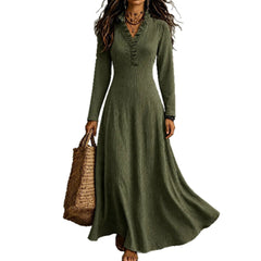 Olive Green Ruffled V-Neck Long Sleeve Flowy Maxi Dress