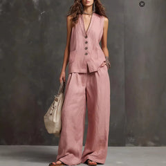 Linen-Blend Waistcoat & Wide-Leg Pants Set