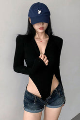 Buttons V-Neck Long Sleeve Tight Bodysuit