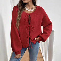 Multiple Drawstring Open Front Knit Top Long Sleeve Casual Oversized Cardigan