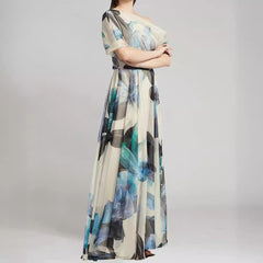Watercolor Floral Asymmetrical Off-Shoulder Chiffon Maxi Dress
