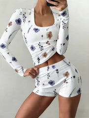 Floral Print Cutout Long Sleeve Top & Shorts Pajama Set