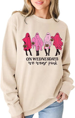Halloween Pink Ghost On Wednesdays We Wear Pink Print Crew Neck Sweatshirt