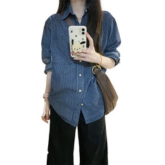 Blue Striped Patchwork Long Sleeve Loose Shirt