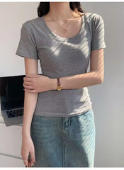 Solid Color U-Neck Short Sleeve Slim Fit T-Shirt