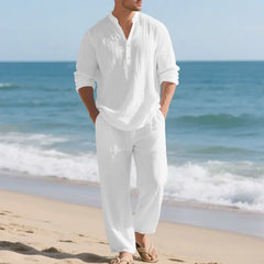 Men Stand Collar Half Button Linen Blend Long Sleeve Shirt