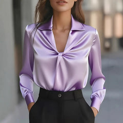 Solid Twisted Front Satin Long-Sleeve Blouse