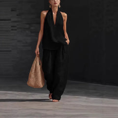 Halter Sleeveless Top & Wide Leg Pants Two Piece Casual Set