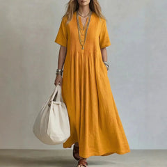 Solid Color V-Neck Pleated Loose Cotton Linen Maxi Casual Dress