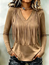 Country Style Fringed V Neck Shirt, Solid Burgundy Long Sleeve Slim Fit Western Cowboy Top