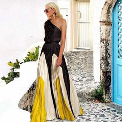 One Shoulder Color Block Printed Maxi Dress