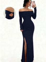 Solid Off Shoulder Back Cross Split Mermaid Maxi Dress