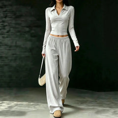 Black Polo V-neck Long Sleeve Crop Top & Elastic Waist Wide Leg Pants Two Piece Set