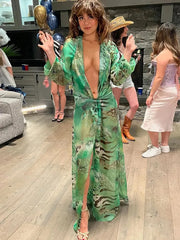 Deep V Neck Green Patchwork Print Maxi Dress