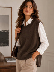 Chocolate Brown Round Neck Knit Sweater Vest