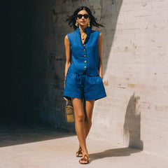 Blue Stand-Collar Sleeveless Vest & High-Waisted Shorts Two-Piece Set