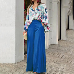 Floral Print Long Sleeve Shirt & Wide Leg Pants Two Piece Set