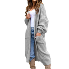 Lantern Sleeve Long Open Front Pocket Cardigan Sweater