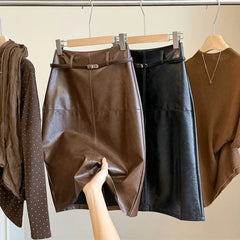 Belted Faux Leather Midi Skirt, High Waist A-Line Split Hem PU Skirt in Brown & Black