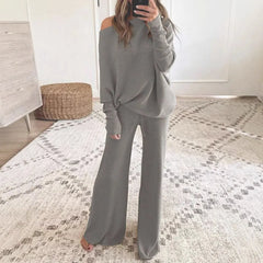 Waffle Knit Off Shoulder Oversized Top Wide Leg Pants Loungewear Set