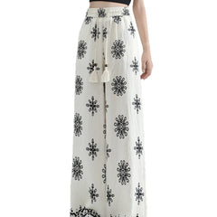 Ethnic Floral Print High Waist Micro Stretch Cotton Linen Straight Long Casual Pants