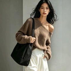 Casual Grey Off Shoulder Oversized Knit Top Loose Long Sleeve Pullover Sweater Fall Fashion