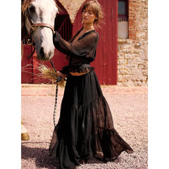 Matching Flowy Linen Look Lace Spliced V-Neck Long Sleeve Chiffon Tiered Skirt Two Piece Casual Daily Outfit Set