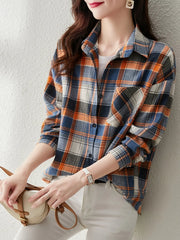 Fall Color Block Plaid Oversized Shirt, Button Front Long Sleeve Layering Blouse