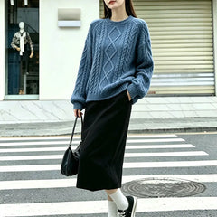 Drop‑Shoulder Geometric Cable Knit Pullover Sweater