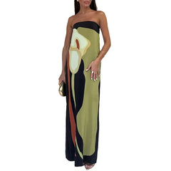 Calla Lily Print Strapless Straight Maxi Dress