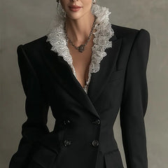 Black Lace Trim Double Breasted Blazer Mini Dress