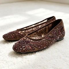 Romantic Sheer Mesh Beaded Ballet Flats, Retro Floral Embroidery Dressy Flat Shoes