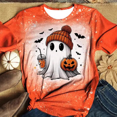 Halloween Floral Ghost Print Crew Neck Short Sleeve T‑Shirt
