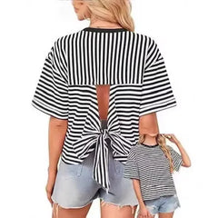 Crew Neck Horizontal Striped Loose Short Horn Sleeve Casual T-Shirt