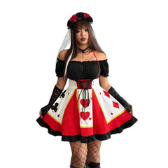 Playing Card Print Gothic Mini Dress, Off-the-Shoulder Puff Sleeve Waist Corset Lace-Up Heart Spade Club Diamond Costume