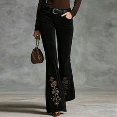 Retro High Waist Corduroy Flared Pants Floral Embroidery Western Cowgirl Bell Bottom Pants