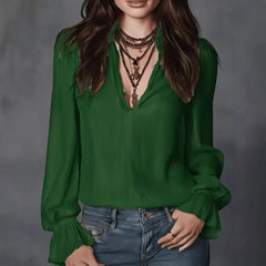 Puff Sleeve Ruffle Cuff Textured V Neck Blouse