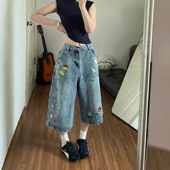 High Waist Cartoon Patch Wide Leg Cropped Jeans