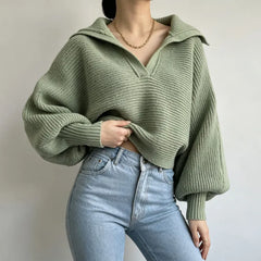 Trendy Wide Collar V Neck Cropped Chunky Knit Pullover Balloon Sleeve Sweater