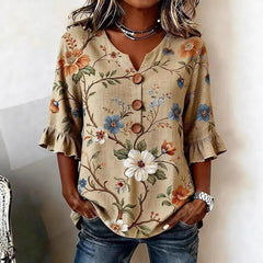 Round Neck Floral Printed Single Breasted 3/4 Ruffle Sleeve Loose Blouse