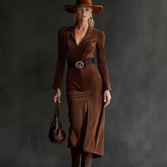 Brown Suede Lapel Long Sleeve Midi Dress With Belt