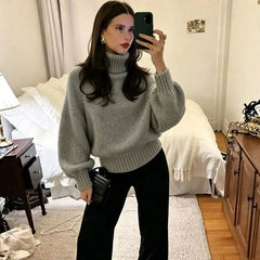 Oversized Chunky Knit Turtleneck Jumper Ladies Drop Shoulder Puff Sleeve Sweater, Long Sleeve / 5 Point Sleeve