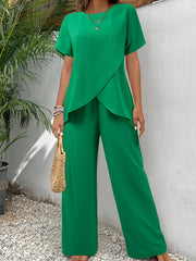 Ribbed Knit Asymmetrical Hem Top and Wide Leg Pants 2 Piece Set